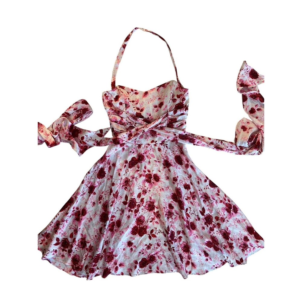 Vtg Betsey Johnson Silk Halter Dress Size 4 Pink‎ Red Floral Y2K Fit & Flare USA - Picture 7 of 16